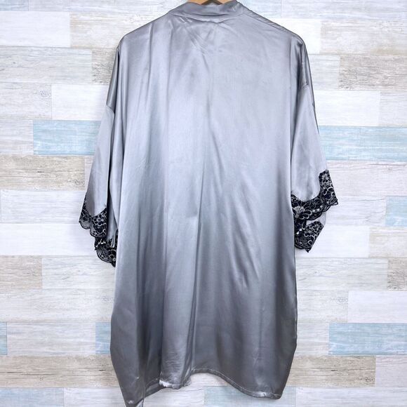 Victorias Secret Vintage Silk Robe Gray Lace Trim Gold Label Womens Medium - Picture 4 of 6